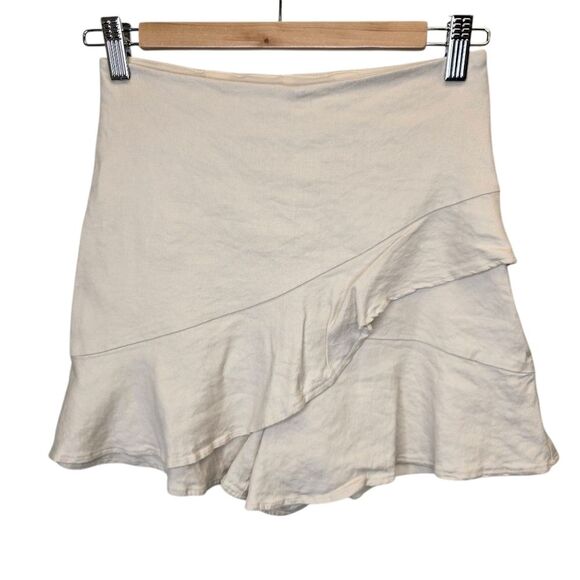 Express Women's 00 Solid Beige Faux Wrap Ruffle Skirt Skort Linen Blend - Picture 1 of 14